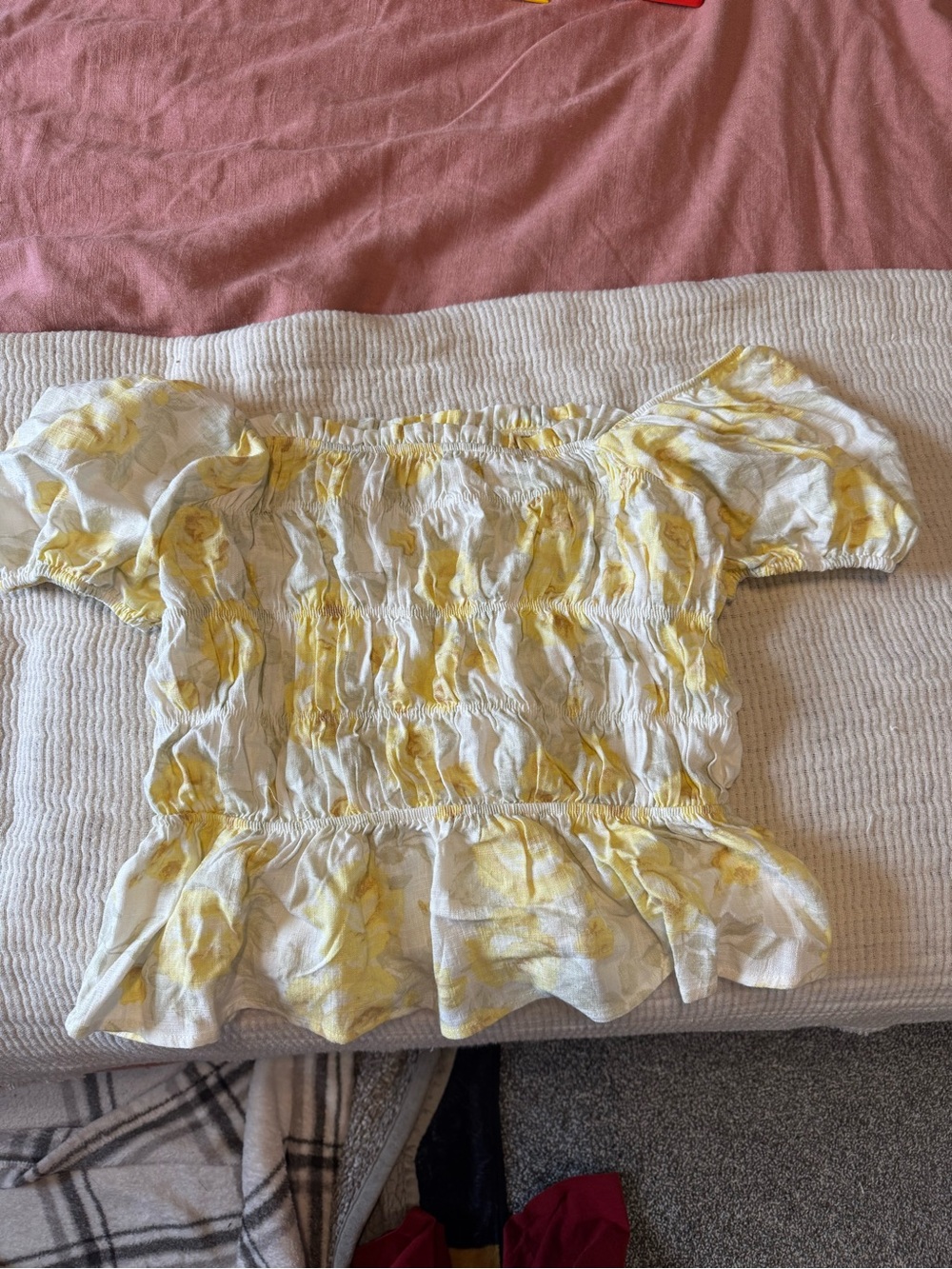 Monteau White and Yellow Smocked Off-Shoulder Floral Crop Top